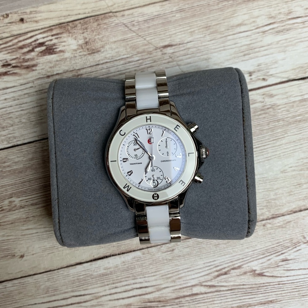 Michele Tahitian White Ceramic and Stainless Steel Ladies Watch